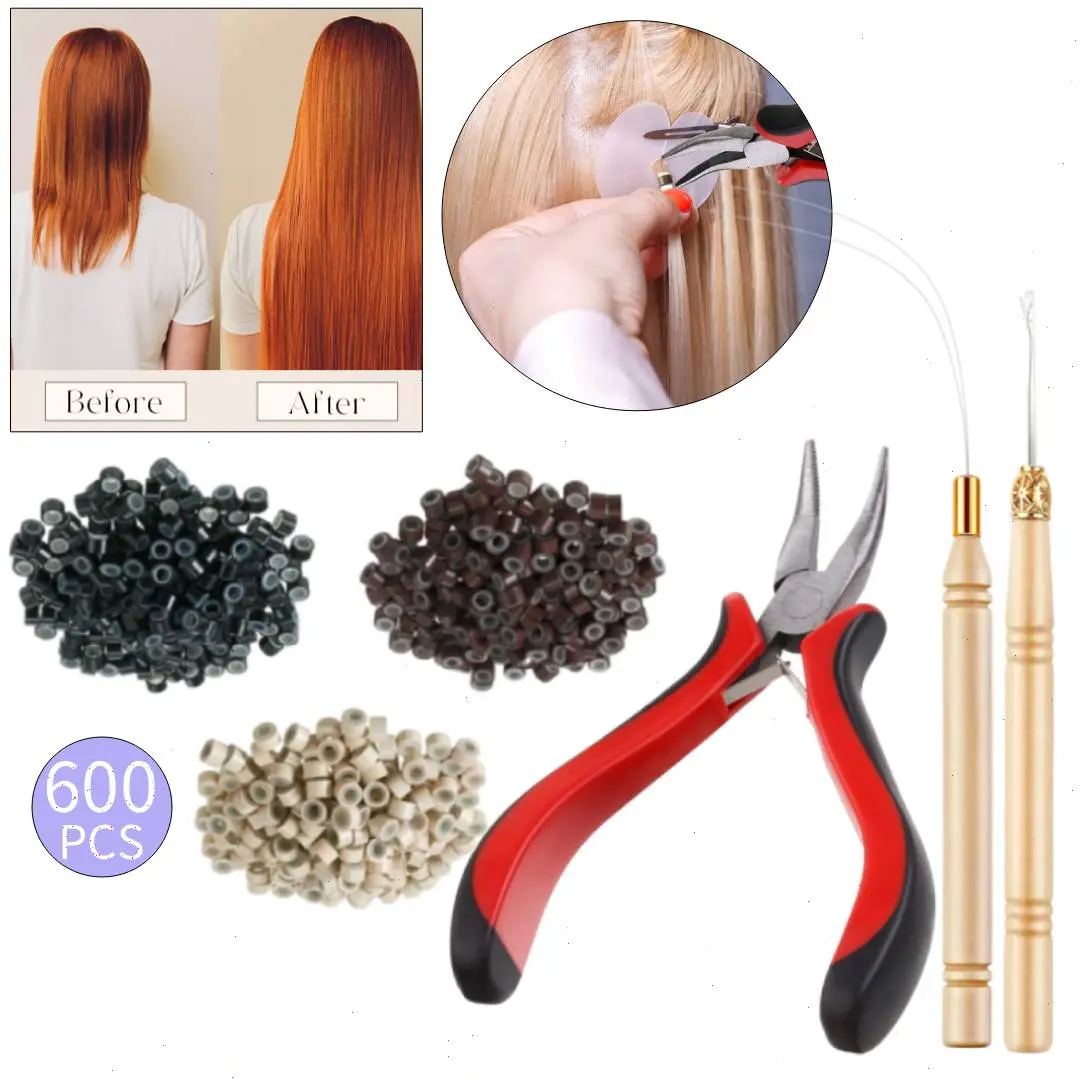 Hair Extension Tool Kit, 600 Pcs Silicone Micro Lined Links Beads, 1 Three Hole Hair Plier,1 Loop Needle Threader, 1 Pulling Hook Needle, Bead Device for Tinsel Styling