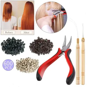 Hair Extension Tool Kit, 600 Pcs Silicone Micro Lined Links Beads, 1 Three Hole Hair Plier,1 Loop Needle Threader, 1 Pulling Hook Needle, Bead Device for Tinsel Styling