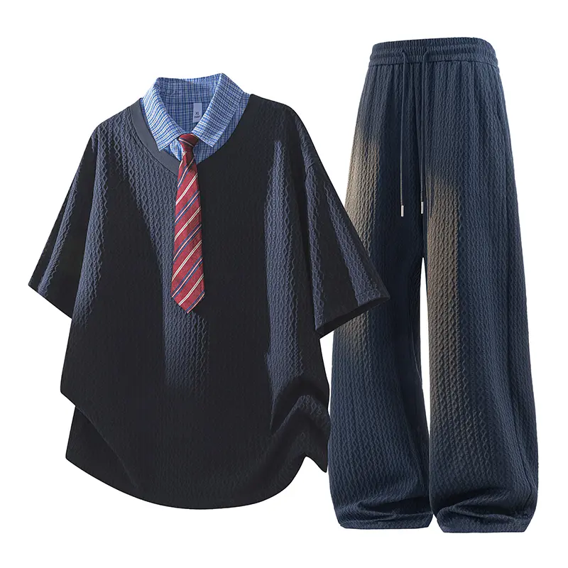 Men's Fake Two Piece Plaid Collar Textured Short Sleeve Top & Elastic Drawstring Wide Leg Pants Matching Set, Preppy Style With Decorative Tie Loose Breathable Fabric Casual Streetwear Co-ord Outfit For Daily Campus Wear # SummerWins