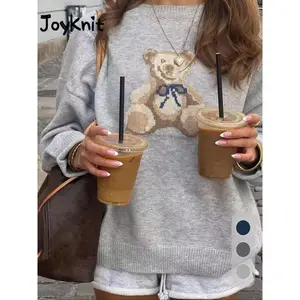 Women's fashion new autumn and winter sweater knitted top casual simple multifunctional color block cute bear jacquard pattern loose round neck pulloverRAIMENTRY