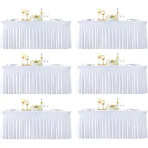 6 Pack 6ft White Spandex Table Cloths for Rectangle Tables Wrinkle Free White Rectangle Tablecloths, Stretch Fitted Table Cover with Skirt for Wedding Birthday Party Banquet  Shower Buffet Event