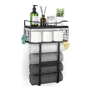 Small Bathroom Essential Black Wood Vertical Towel Rack Wall Mounted Over Toilet Storage Set with Floating Shelf for Spa Like Atmosphere and Easy Installation