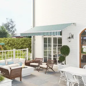 12' x 10' Retractable Awning Patio Awnings Sun Shade Shelter with Manual Crank Handle 280g/m² UV & Water-Resistant Fabric Aluminum Frame for Deck Balcony Yard Green White