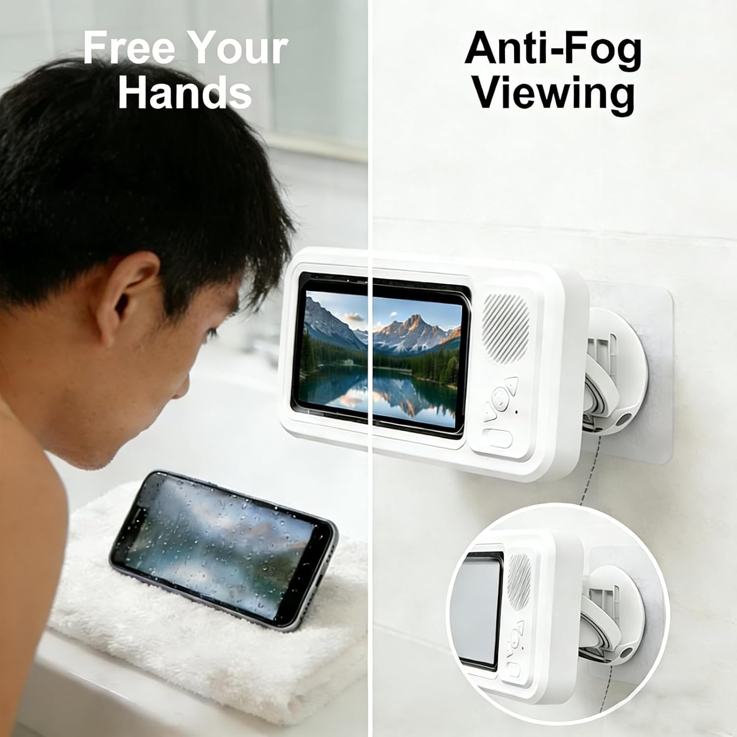 Waterproof Shower Phone Holder with Bluetooth Speaker – 2026 New IPX8 Waterproof Wall Mount, Universal Fit for All Smartphones, Bathroom & Shower Mirror Mount with Hands-Free Stand Stream Cellphone Adjustable