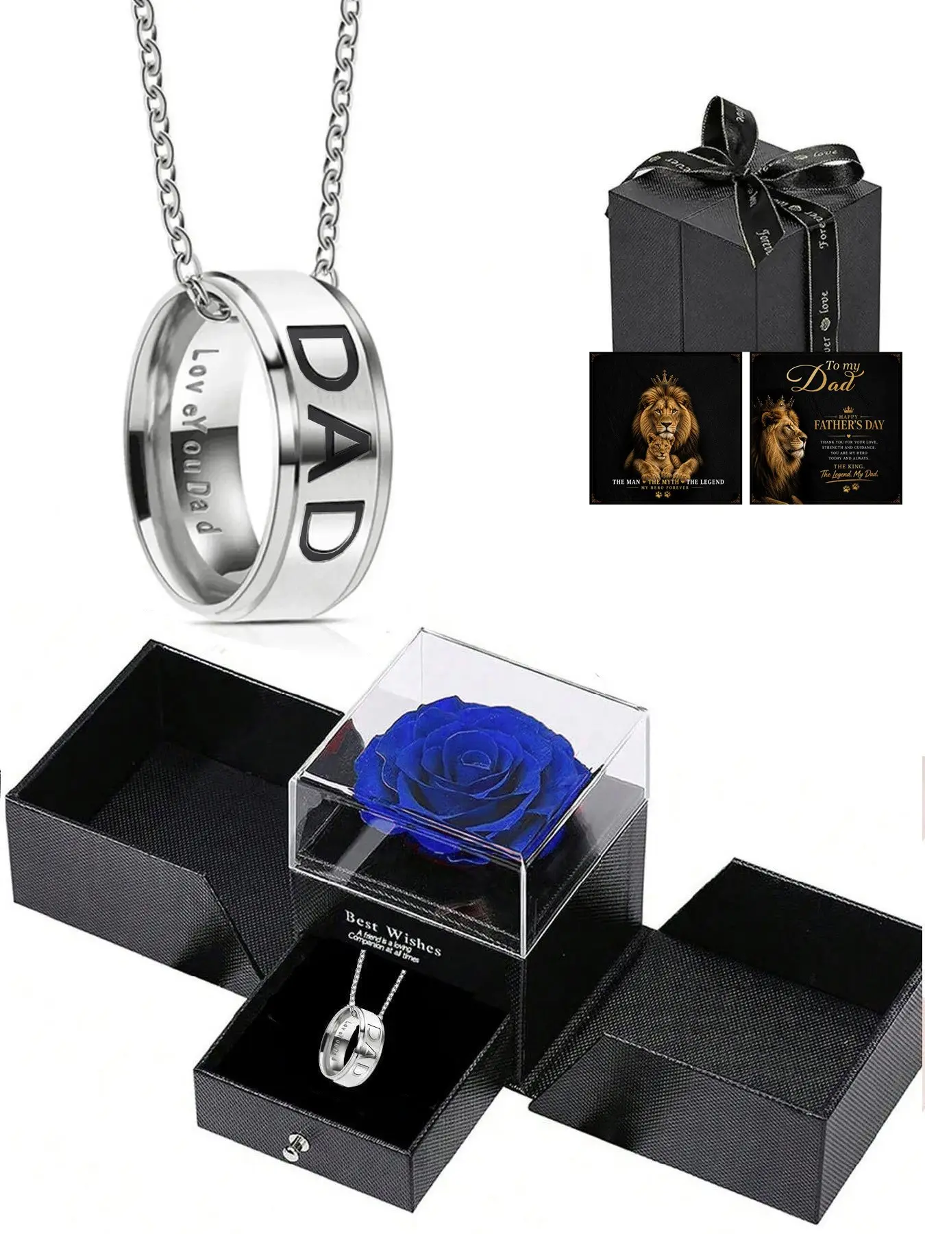 Dad Ring Necklace with Artificial Rose Gift Box, Engraved "I Love You Dad", 2-in-1 Stainless Steel Jewelry, Hypoallergenic, Size 9 Ring, Perfect Father's Day/Birthday Gift for Dad, New Dad & Husband, Sentimental Keepsake