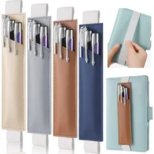4 Pieces Adjustable Pen Holder with Elastic Strap Band, PU Leather Pen Sleeve Pouch for Notebook and Hardcover Journals, 8-1.5 Inch (Khaki, Gray, Brown, Navy)