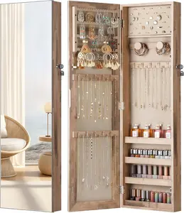 Mirror Jewelry Cabinet, Jewelry Armoire with Full Length Mirror, Lockable Jewelry Storage Organizer, Wall/Door Mounted Jewelry Armoire, Oak