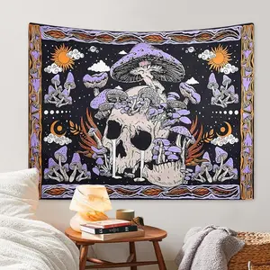 Skull Mushroom Pattern Mandala Skull Printed Tapestry, Halloween Wall Tapestry Bedroom Accessories, Wall Hanging Decoration for Bedroom Living Room Study Room, Festival Party Decoration, Home Accessories, Home Decor Ideas