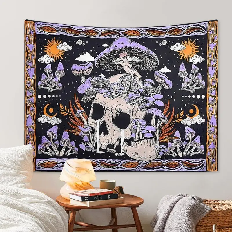 Skull Mushroom Pattern Tapestry, Halloween Wall Tapestry Bedroom Accessories, Wall Hanging Decoration for Bedroom Living Room Study Room, Festival Par