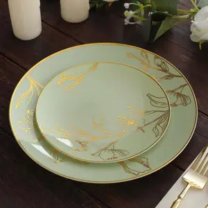 Set of 20 Plastic Round Dinner and Dessert Plates 8", 10" Sage Green with Metallic Gold Floral Design - Chic Disposable Dinnerware
