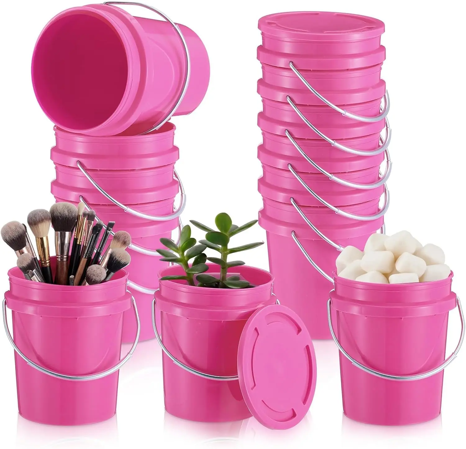 12 Pcs Mini Plastic Buckets with Lids, 0.4 Quart Pink Buckets for Party Gift Packaging, Candy Holders Easter Halloween Christmas Candy Treat Snacks Holder Birthday Baby Shower Party Supplies