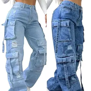 High Waist Multi-Pocket Cargo Jeans - Flattering Fit & Versatile for All Seasons - Ideal for Everyday Wear