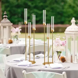 3 Arm Metal Candelabra with Acrylic Candle Lampshade for Home Party Decoration, Golden Candlestick Holders for Living Room Decor, Wedding, Birthday Party, Table Centerepieces