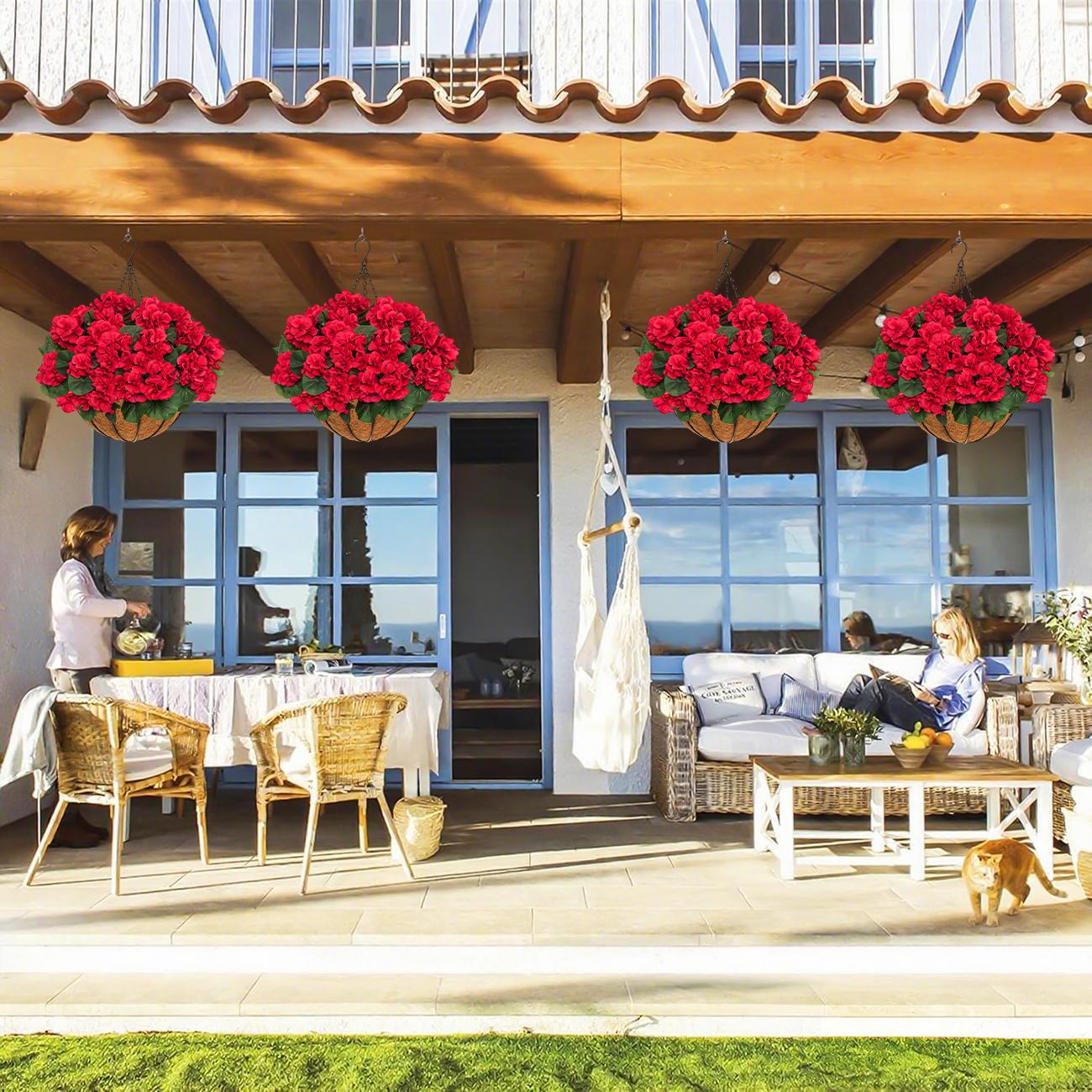 2pcs Artificial Geraniums with Hanging Baskets, 12 Bundles UV Resistant Artificial Outdoor Plants, Fake Red Flowers for Spring Front Porch Home Patio Balcony Yard Decor