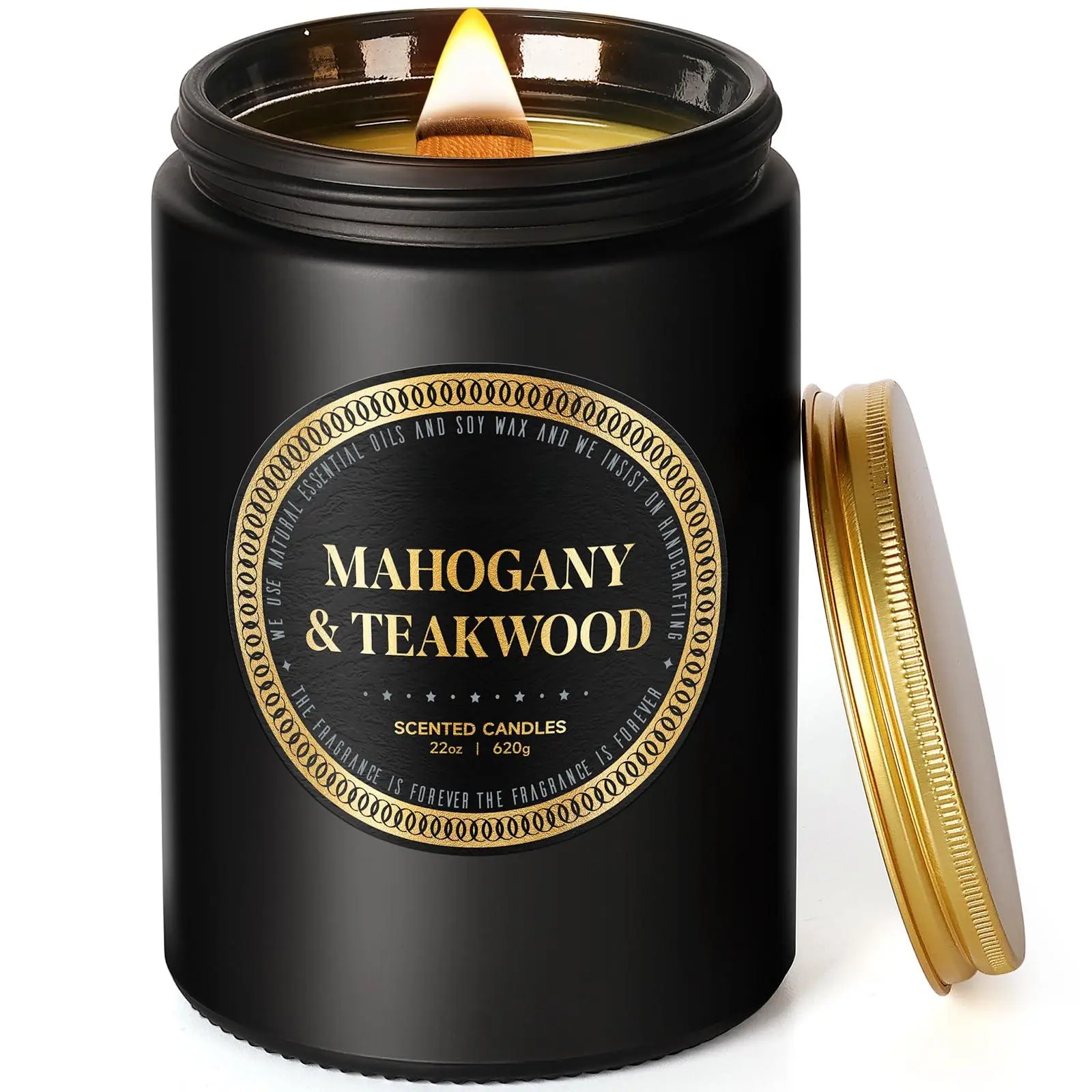 Scented Candles For Men - Large Mahogany & Teakwood Home | Crackling Wood Wick Soy Candle Strong Fragranced Masculine Black Gift Women  22oz