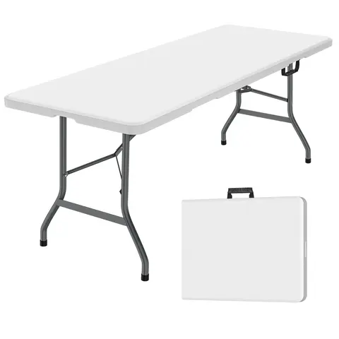 WGCTEK 6FT Folding Table, Portable Picnic Table Indoor Outdoor, for Camping, Party, Wedding, Picnic, with Lock, Handle - White