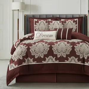 Burgundy California  Comforter Set 7 count, Jacquard Woven with Damask, Bedding Set in a Bag Includes Comforter, Bed Skirt, Pillow Shams, and Decorative Pillows