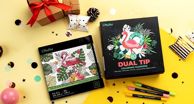 Ohuhu Water Based Art Marker Set Bundles: Fine & Brush Dual Tips - 80-colors with 72-sheet Coloring Book - Art Marker Set Bundles with 100% Bleed-proof Pages - Art Marker Set Bundles of Ohuhuart