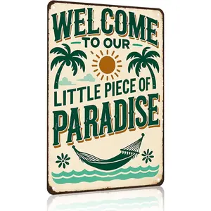 Vintage Metal Wall Sign - 8x12 in "Welcome to Our Little Piece of Paradise" Tropical Beach Sunset Plaque, Nostalgic Retro Whimsical Beachy Home Sign, Porch Bar Decor Gift, Wall Decor, Nostalgic Home Signs