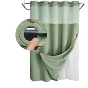 72x75 Inch Green Double Layer Waffle-Pattern Shower Curtain - Snap-in No-Hook Liner, Waterproof Fabric Inner, Washable White Outer Cloth, Modern Bathroom Accessory for Home, Hotel