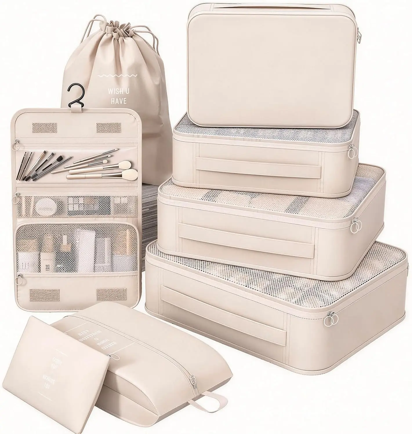Cream 8-Pack Foldable Polyester Travel Packing Cubes Set - Dual-Zipper Expandable Luggage Organizer, Mesh Panel, Ventilated Shoe Bag, Hanging Toiletry Bag for Cruise Ship, Airplane Travel, Multi-Functional Travel Organizers, Carry-On Travel Organizers