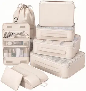 8 Set Packing Cubes for Travel,Suitcase Organizer Bags for Luggage with Shoe & Hanging Toiletry Bag, Vacation Essentials & Accessories for Cruise Ship, Airplane Must-Have,Road Trip & Camp Gifts(Cream)