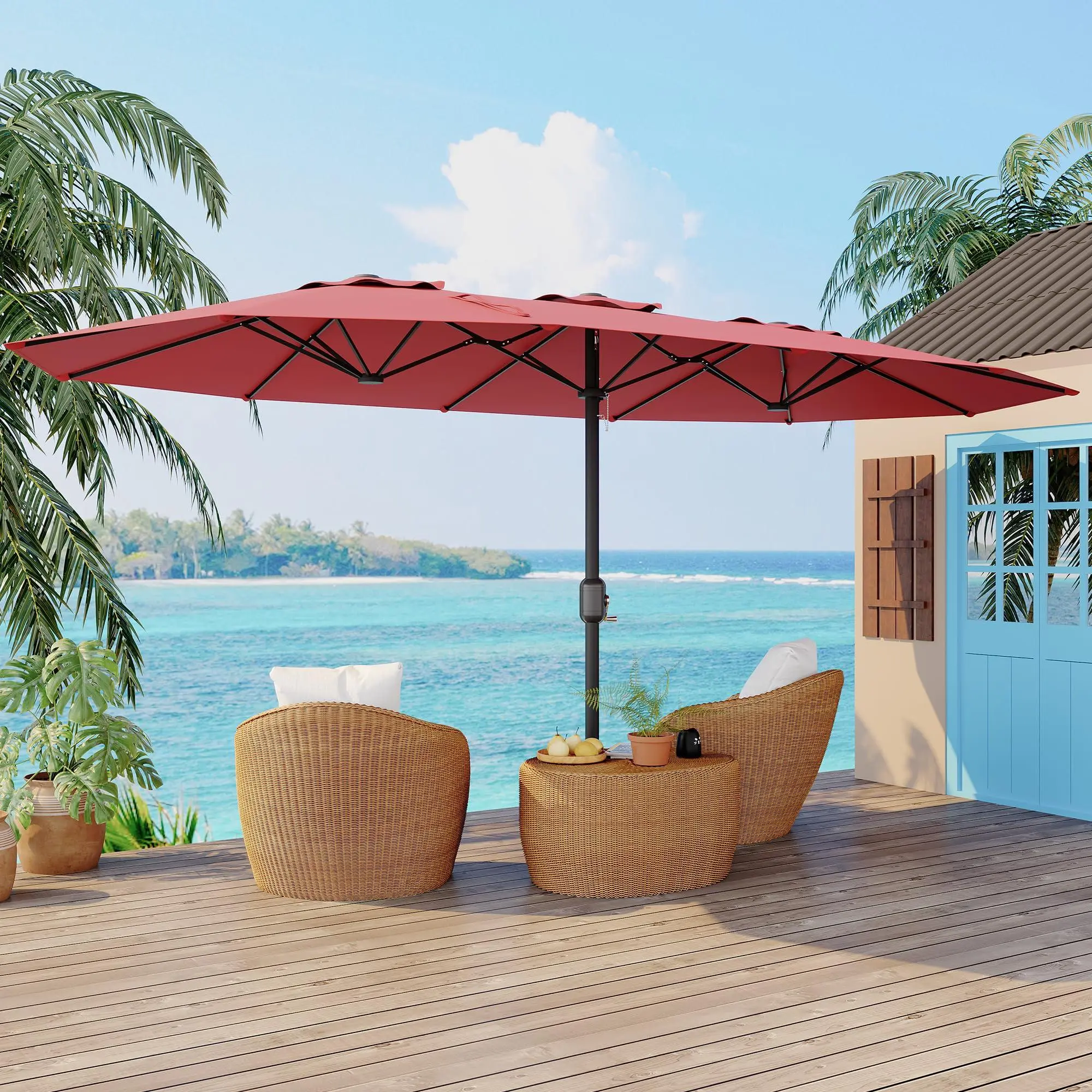 GAOMON Outdoor Double-Sided Rectangle Market Umbrella, 15FT Large Patio Umbrellas With Base Included, Double-Topped Patio Umbrella for Poolside Lawn Backyard.
