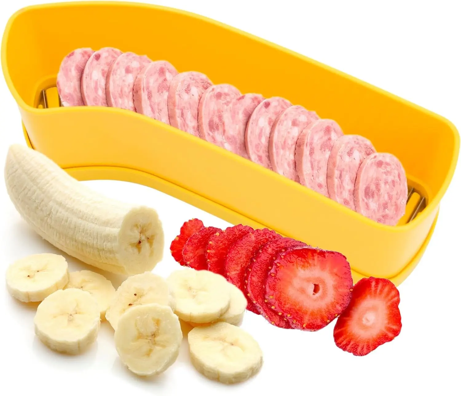 Fruit Slicer Banana Cutter Strawberry Slicer Multipurpose Kitchen Gadget for Cucumber Egg Hot Dog Grape Yellow