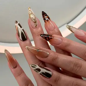 Press On Nails - Y2K Style Long French Tip Brown Gel Nails, Customizable for Autumn Holiday Use