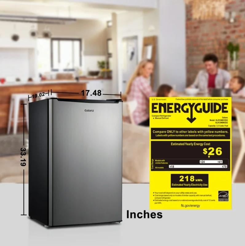 Galanz 3.3 Cu ft One Door Mini Fridge, Estar, Stainless Steel Look, New