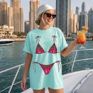 BojjiCo Funny Pink Leopard Flame Bikini Graphic Oversized T-Shirt Cover Up For Women Y2K Retro Novelty Light Blue Cotton Tee Bride and Bridemaids Aesthetic Summer Beach Vacation Bikini Flame Bachelorette Party Pool Trip Bride And Bridesmaid Outfit Tops