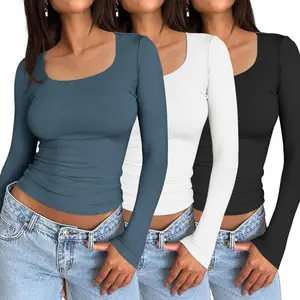 Women's 3 Pack Long Sleeve Crop Tops Slim Fit Y2K Fashion Basic Layering Shirts for Spring Summer Autumn Casual Korean Style