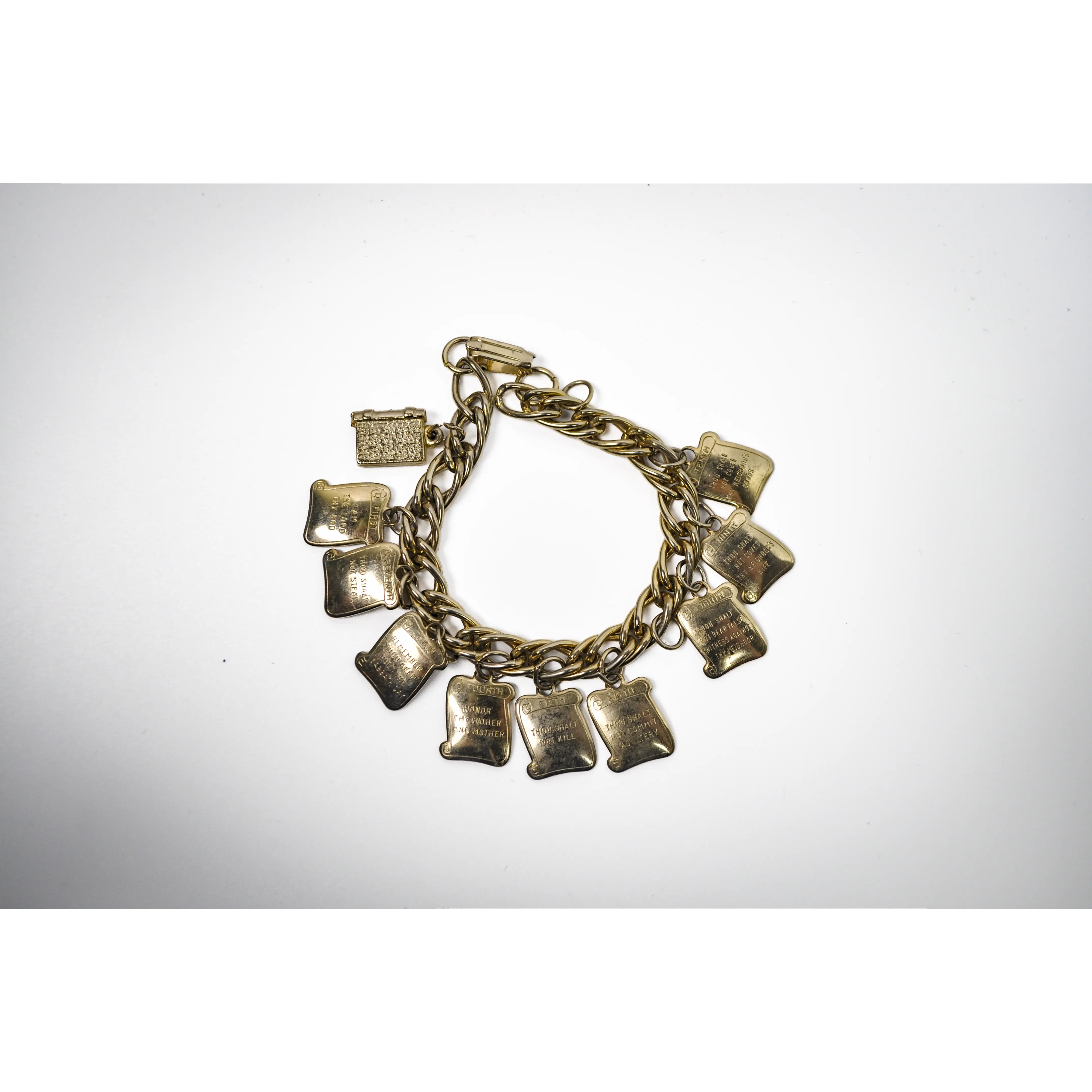 Vintage 1960's Bracelet 9 Commandments Gold Tone Square Charms - The Nine Commandments Gold Toned Christian Charm Bracelet