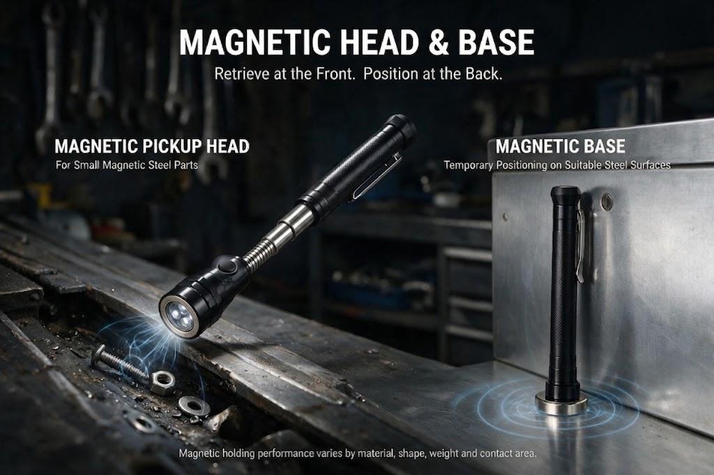 Extendable Magnetic Pickup Tool with LED Flashlight - Aluminum Alloy Telescoping Magnet with Flexible Neck, 22.6 Inches Extends Reach, DIY Tools for Auto Repair, Batteries Included, Ideal Gift for Men