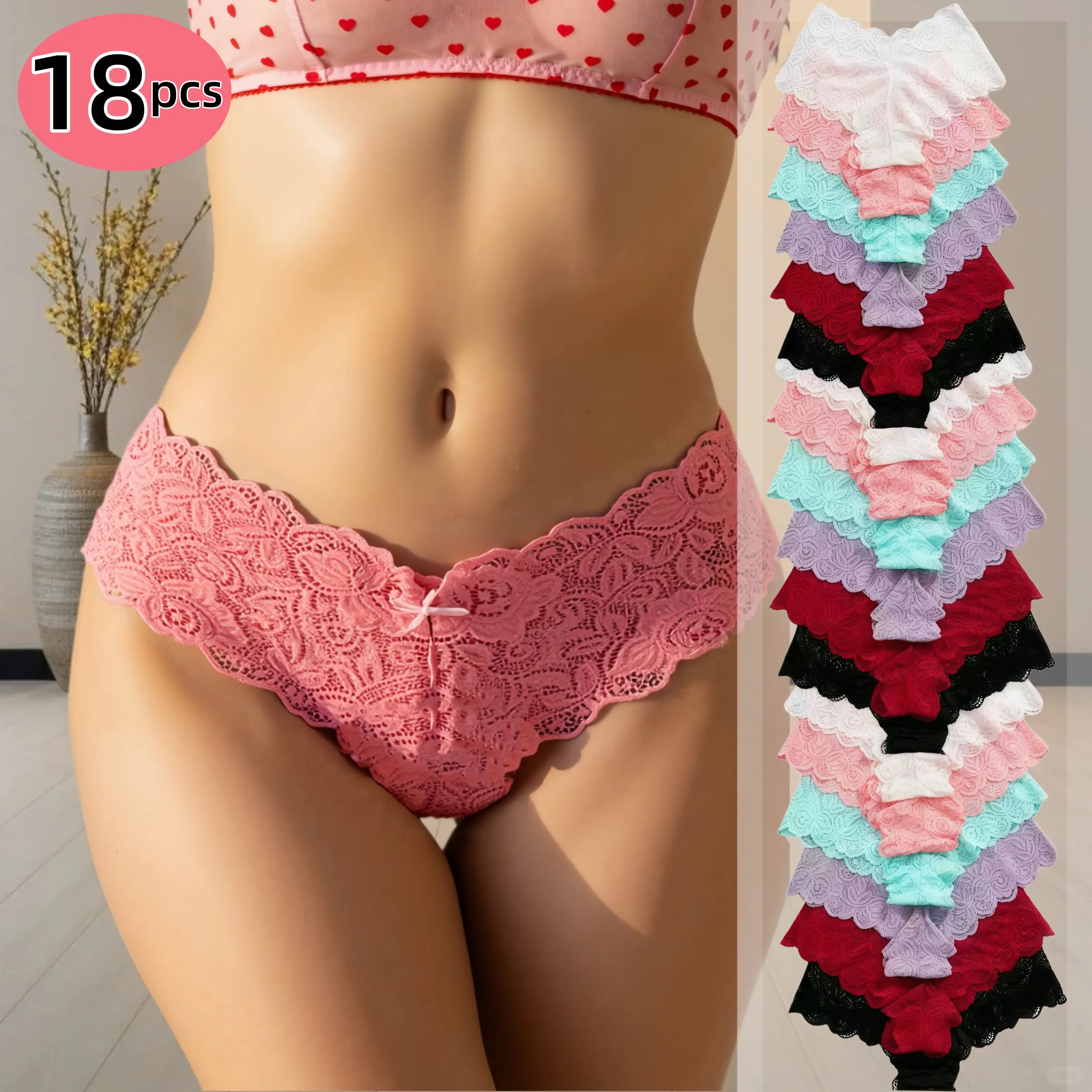 H   18-Pack Sexy Lace Low-Rise Panties for Women.  Breathable, quick-dry plus-size fabric, no sweat, no restraint, no rolling up. Soft and friction-free, cool and breathable for all-day comfort. underwear for women.thong.ladies' intimates