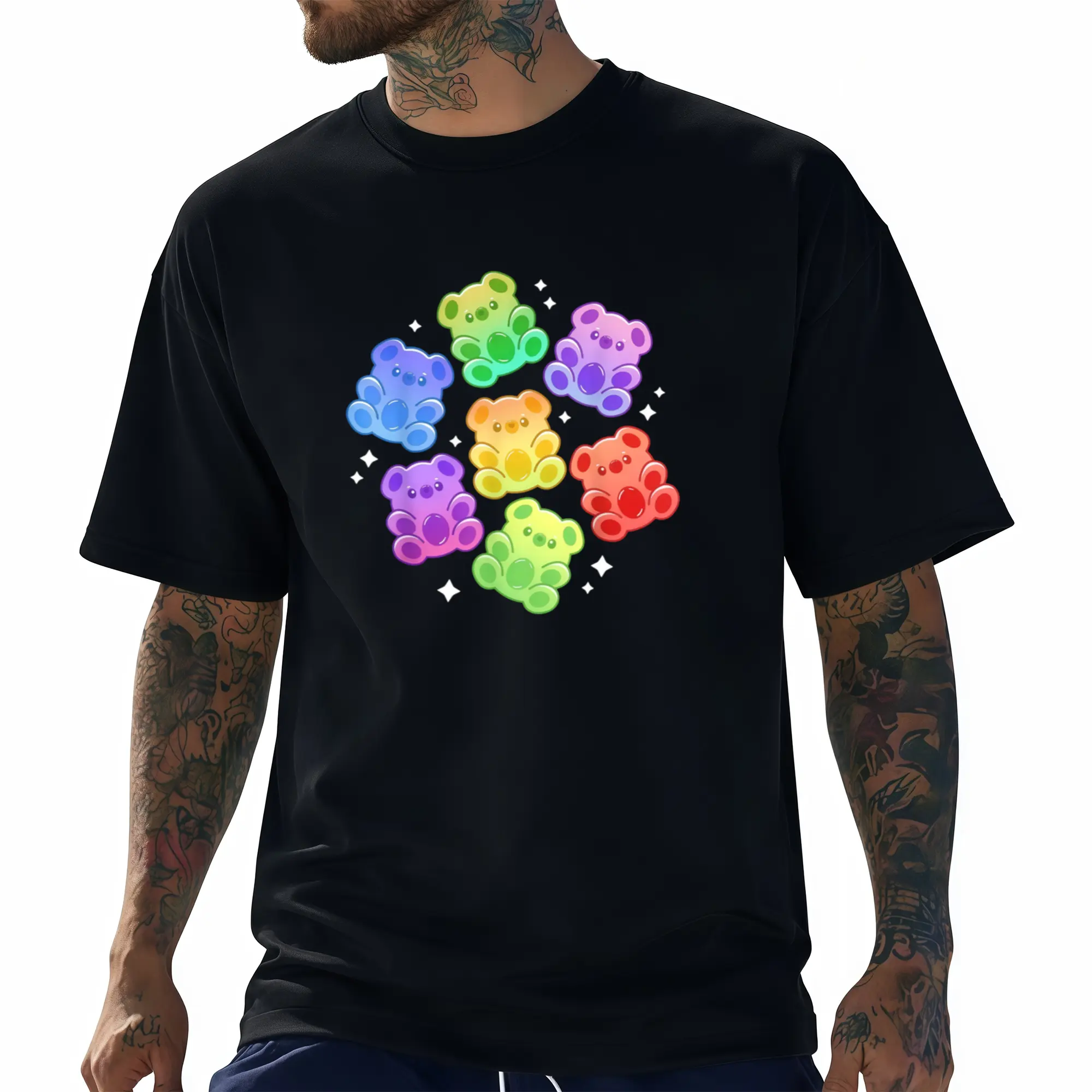 Kawaii Rainbow Gummy Bear T-Shirt for Men - Pure Cotton Cute Retro Graphic Tee with Gummy Bear Print, Unisex Casual Summer T-Shirt
