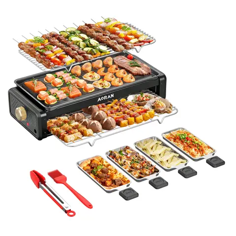Indoor Smokeless Electric Korean BBQ Grill Non-Stick Cooking Removable Plate 5 Adjustable Temperatures Dishwasher Safe 1500w Kitchen Appliances Grill Machine