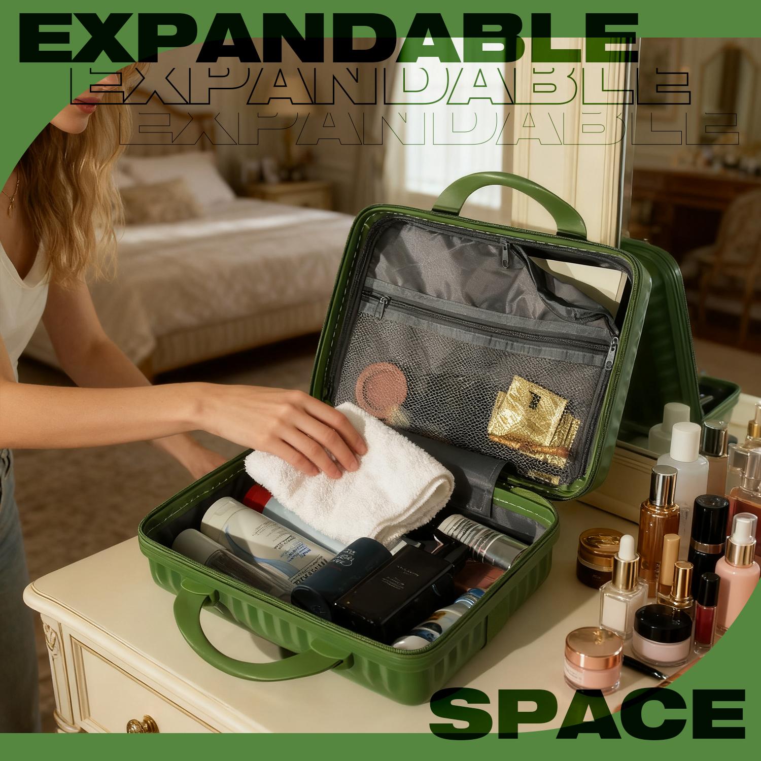 Dark Green Mini Hard Shell Makeup Travel Case, Portable Cosmetic Organizer with Secure Elastic Straps, Heavy-Duty ABS Vanity Bag for Women & Girls