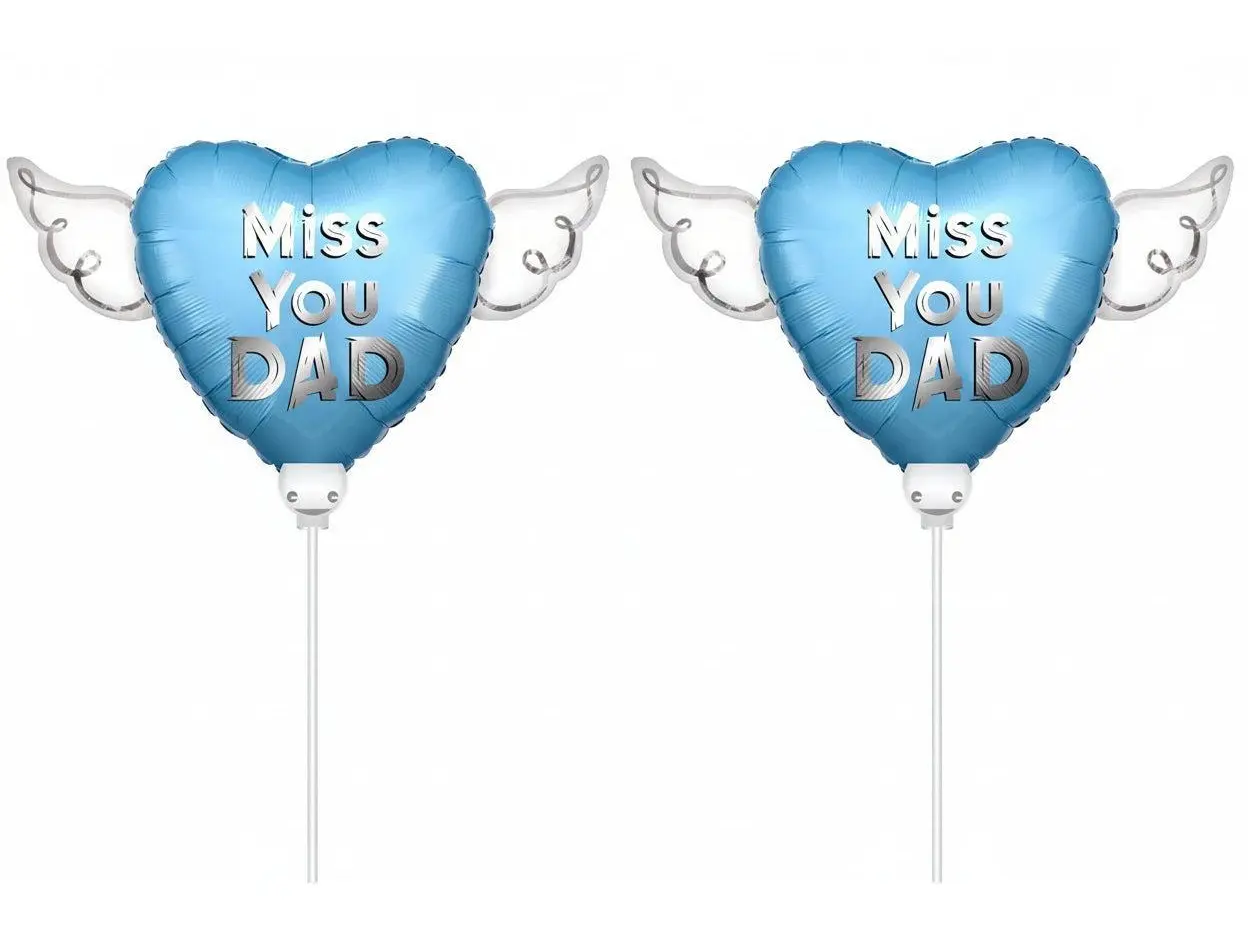 Miss You Dad Memorial Balloon on a Stick 8" – Blue Heart with Angel Wings | 2-Pack Graveside