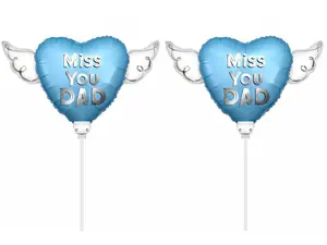 Miss You Dad Memorial Balloon on a Stick – 8" Heart Shaped with Angel Wings Graveside Tribute – 2 Balloons, 2 Sticks & 2 Clips Included