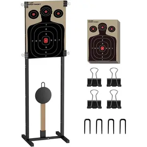 2-in-1  Target Stand Holder with 10 count 17x25 Inch Paper Targets for Outdoor, Heavy Duty Range Base Adjustable Width from 8" to 24" for Cardboard Silhouette and Steel Target, Black