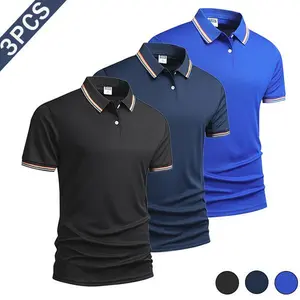 3-Pack Men's Summer Polo Shirts Striped Collar Cuffs Stylish Top for Casual Business Active Days Beige Black Dark Blue Green Set Menswear Outdoor Sports Plain