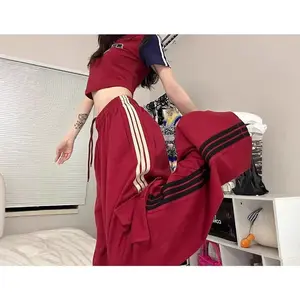 Vintage Jazz Dance Cargo Pants for Women High Waist Casual Set Wide Leg Pants Red Three Stripes Sports Sweatpants