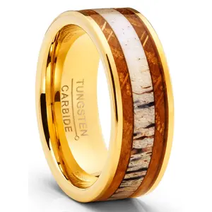 Tungsten Carbide Mens Wedding Band Whiskey Barrel Deer Antler Engagement Ring Goldtone