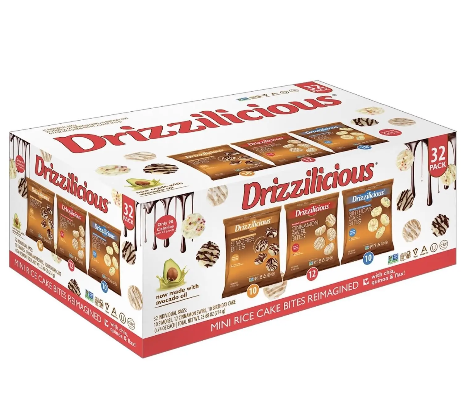 Drizzilicious Mini Rice Cakes Variety Pack - S'Mores, Cinnamon Swirl, Birthday Cake - Rice Crisps, Healthy Snack for Adults and Kids, Flavored Rice Cakes, Vegan, Gluten Free, Allergen Free, - 0.74 oz (Pack of 32) Dessert