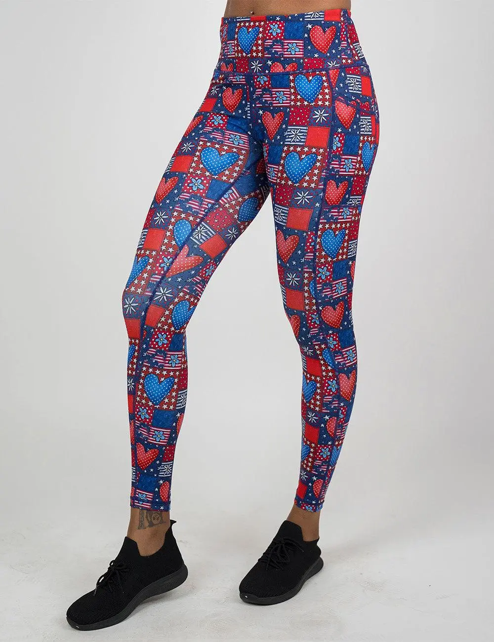 CVG Heartland Compression Leggings, Blue Sports Bottoms with Polyester-Spandex Patchwork Fabric, Deep Pockets