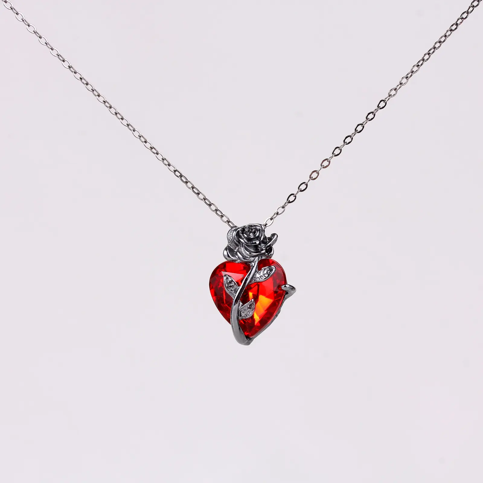 1pc Red Rhinestone Heart Pendant Neckalce for Women Fashion Jewelry Gift