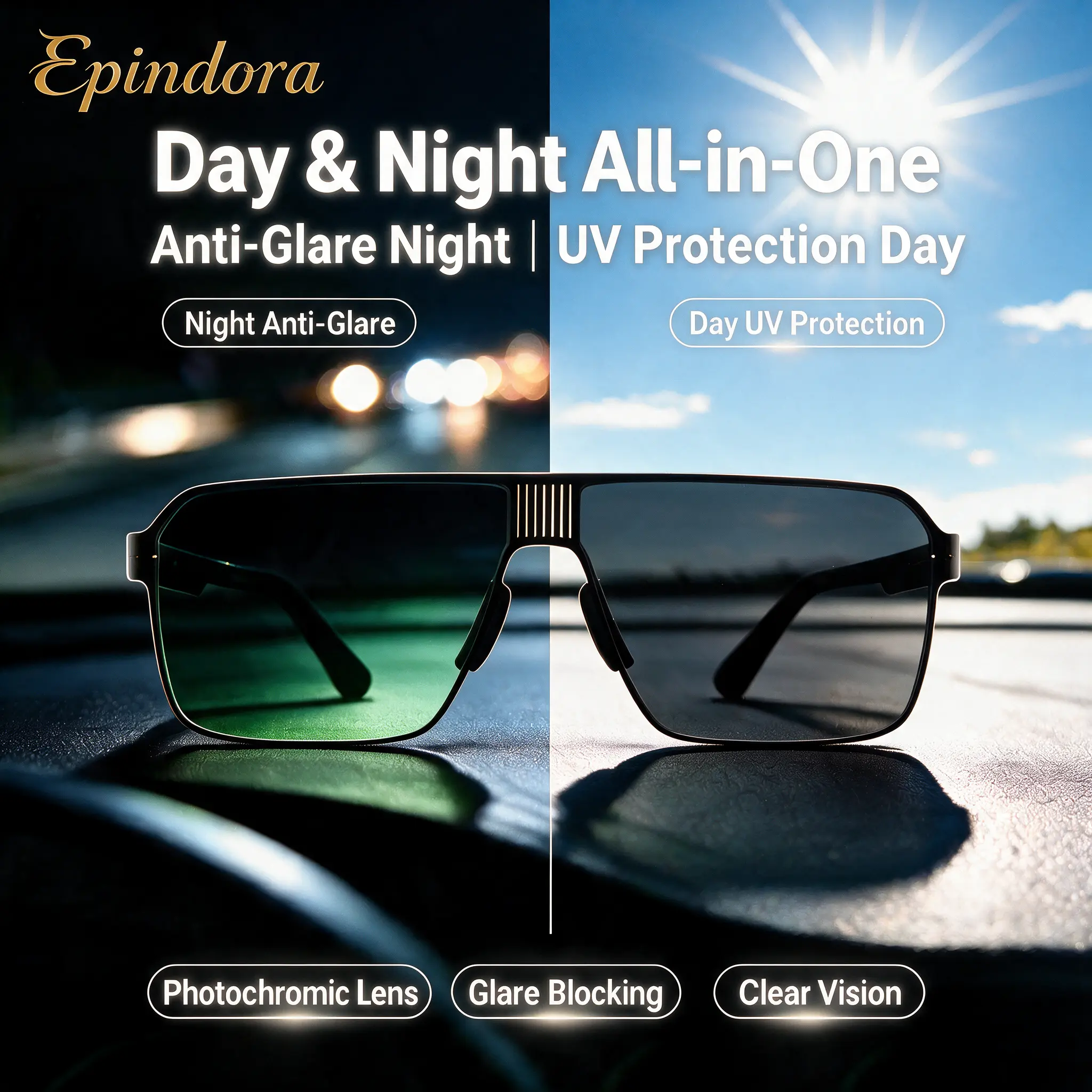Epindora men’s lightweight metal-frame sunglasses with UV protection, photochromic lenses, suitable for nighttime driving, glare reduction, and night vision