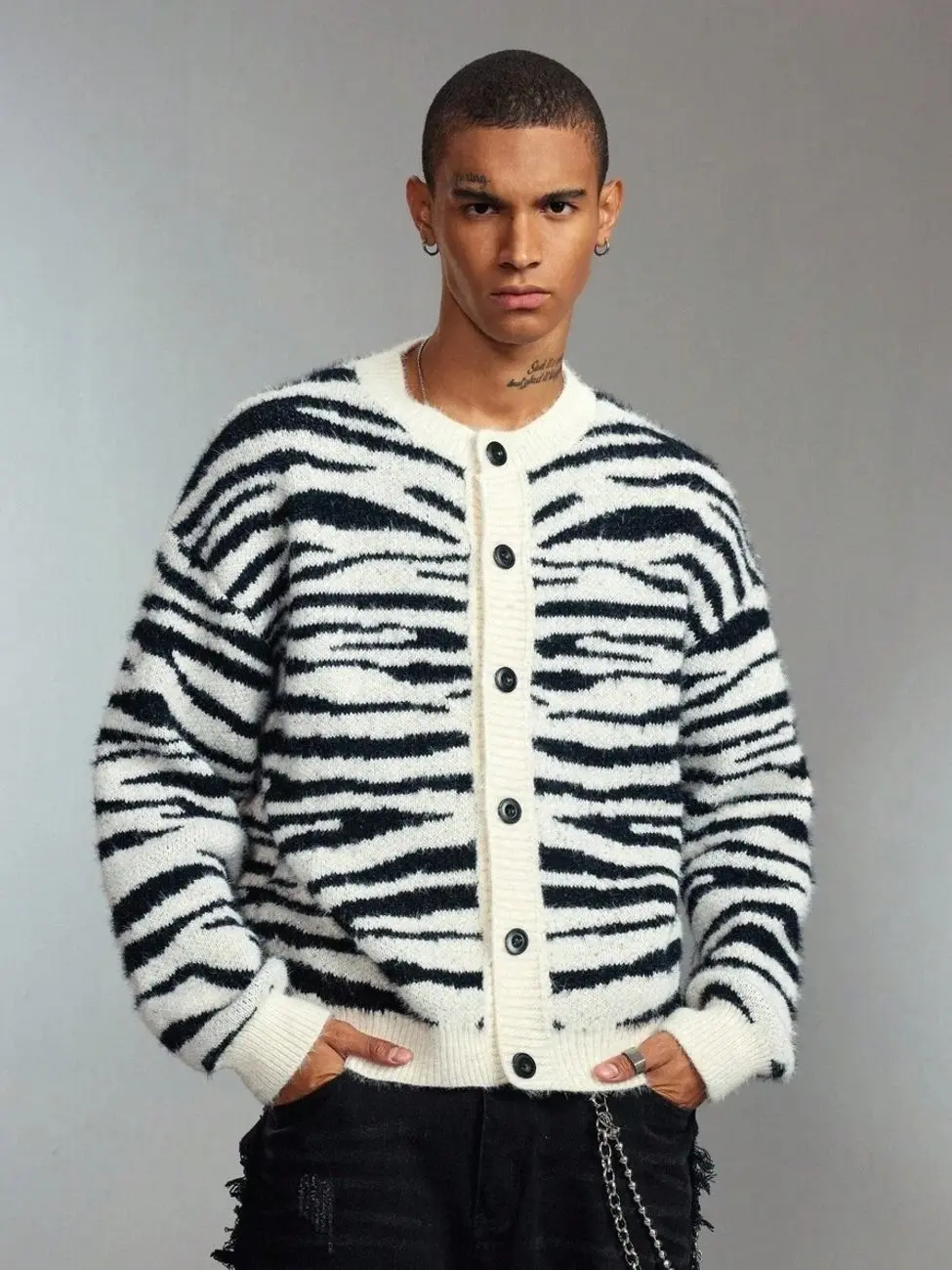 Sweaters - Men's Zebra Knit Cardigan, V-Neck Button Down Sweater, Loose Cropped Fall Streetwear mens clothing male clothing streetwear clothing fall clothing sweater clothing for men fall sweaters fall sweaters