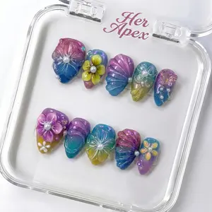 HerApex 3D Floral Press-On  Set| Pearl & Glitter Luxury  Art| 10Pcs Short Square Fake  for Women acrylics nina pool nails Handmade Square Press-On Nails